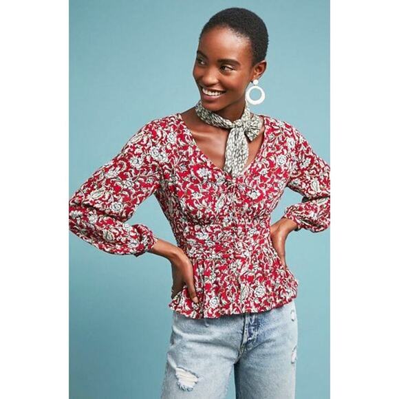 Feather Bone x Anthropologie Womens Latrobe Floral Lace Up Smocked Peplum Blouse - Picture 1 of 10